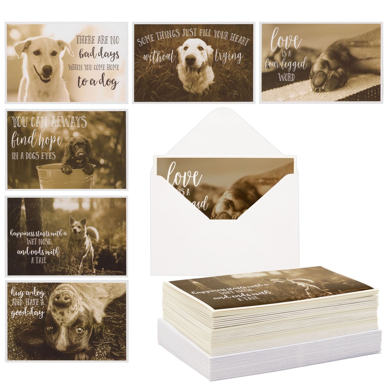 36 Pack Blank Motivational Greeting Cards with Dogs and Inspirational Quotes, Envelopes (4x6 In)